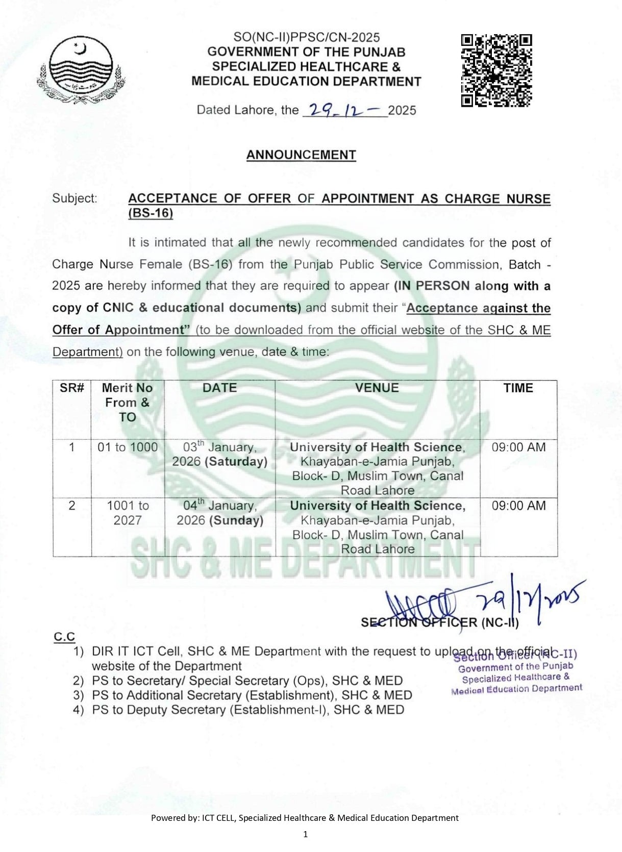 Acceptance of Offer of Appointment as Charge Nurse (BS-16)