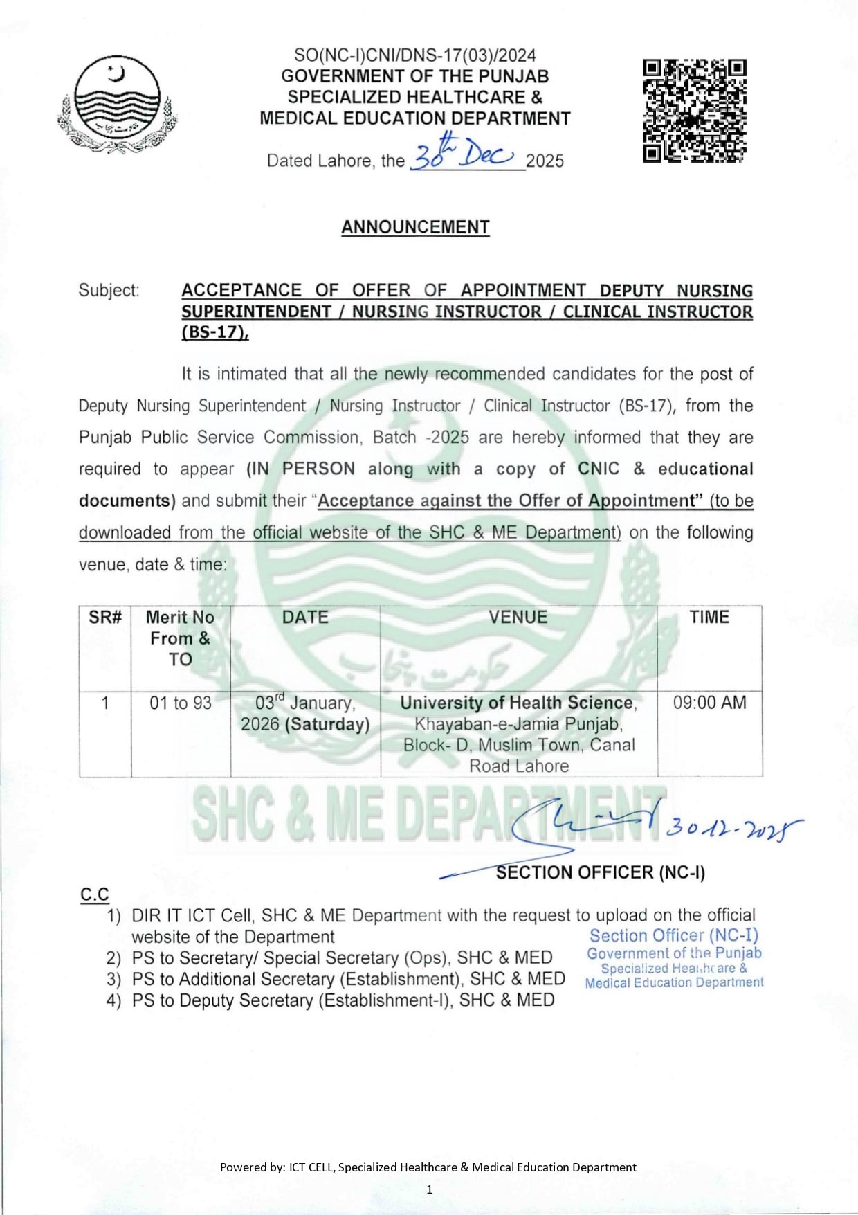 Acceptance of Offer of Appointment Deputy Nursing Superintendent / Nursing Instructor / Clinical Instructor (BS-17)